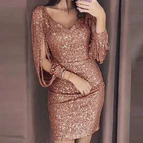 2024 New Women Sexy Dresses | Glitter Sparkly Sequin Tassel Sleeves | V Neck Club Mini Skinny Sundress | Elegant Ladies Party Dresses