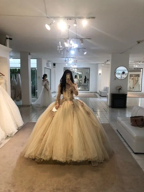 A Line Champagne Tulle Prom Dress With Flowers Puffy Quinceanera Dresses Ball Gown        fg3964