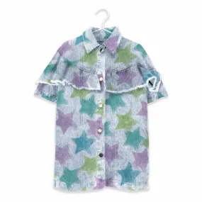 ALLOVER STAR PRINT DENIM SHIRT DRESS