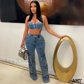 Amy Fashion - Baggy Pocket Denim Wide Leg High Waist Cargo Y2K Streetwear Fashion Denim 2024 Summer Clothes Jean