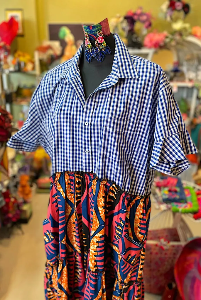 Ankara Shirt Dress - Blue gingham 2XL