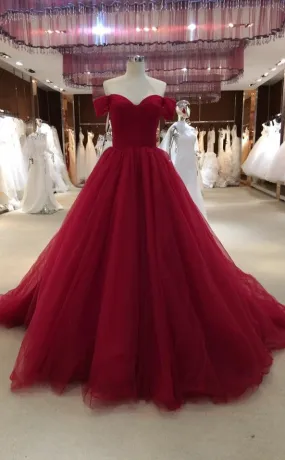 Ball Gown Off Shoulder Sleeve Burgundy Wedding Dress