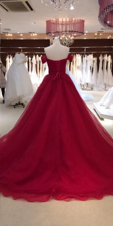 Ball Gown Off Shoulder Sleeve Burgundy Wedding Dress