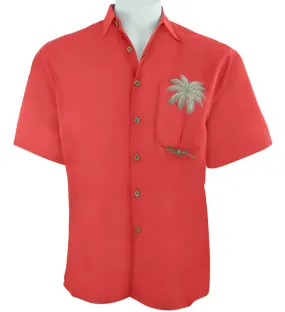 Bamboo Cay - Peekaboo Palm, Embroidered Tropical Style Tomato Color Men's Shirt