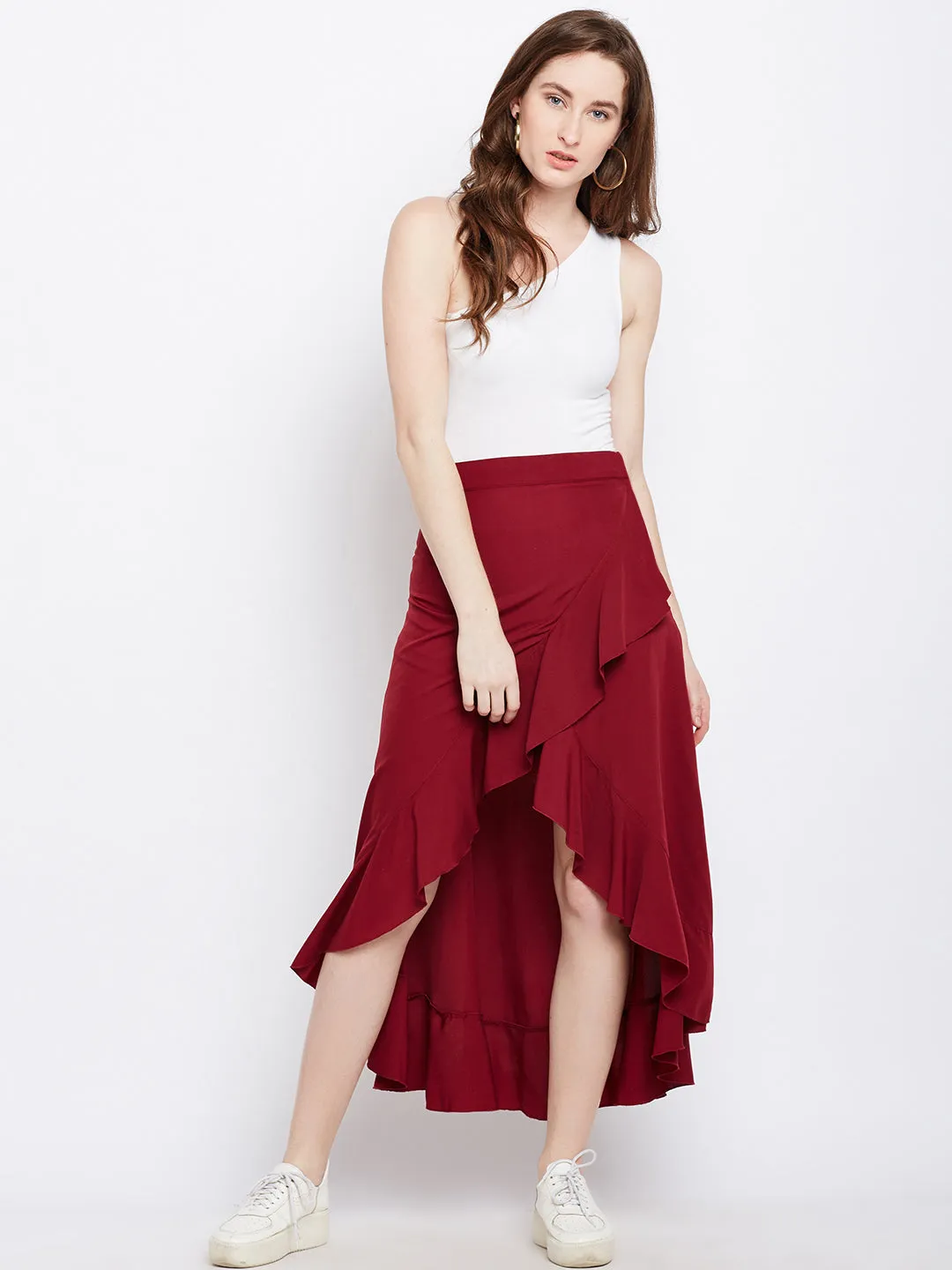 Berrylush Women Solid Maroon Waist Tie-Up Ruffled High-Low Wrap Maxi Skirt