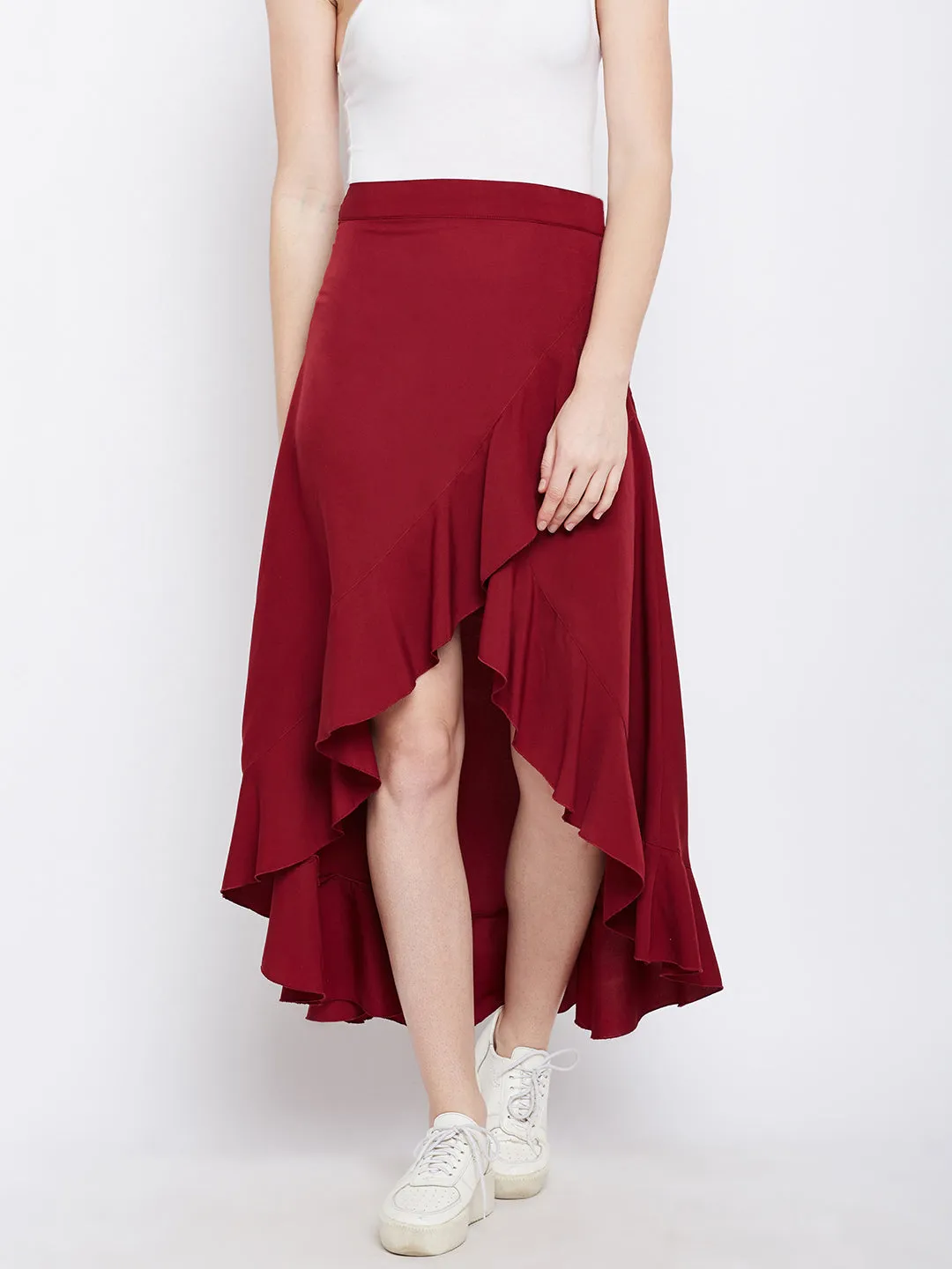 Berrylush Women Solid Maroon Waist Tie-Up Ruffled High-Low Wrap Maxi Skirt