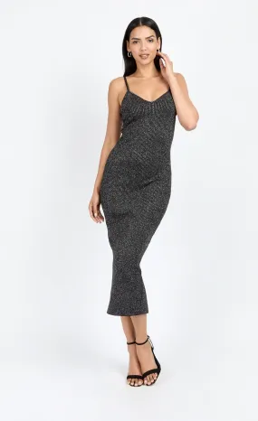 Black Metallic Knit Ribbed Midi Dress by Chloe Lewis