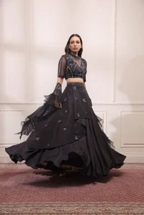 Black onyx layered lehenga set with ruffle dupatta