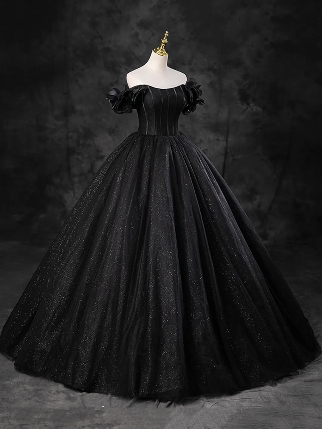 Black Sparkly Tulle Off the Shoulder Long Formal Dress Elegant A-Line Black Evening Party Dress