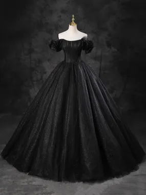 Black Sparkly Tulle Off the Shoulder Long Formal Dress Elegant A-Line Black Evening Party Dress