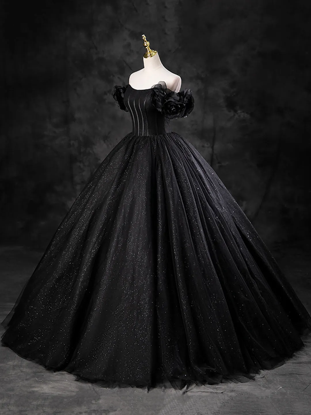 Black Sparkly Tulle Off the Shoulder Long Formal Dress Elegant A-Line Black Evening Party Dress