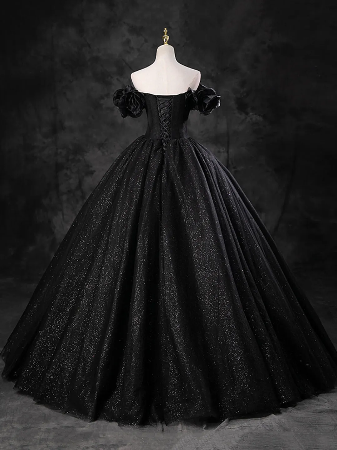 Black Sparkly Tulle Off the Shoulder Long Formal Dress Elegant A-Line Black Evening Party Dress