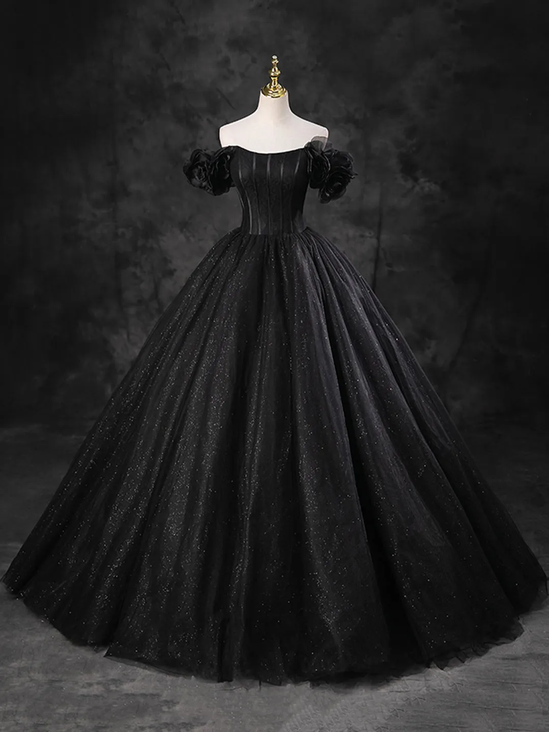 Black Sparkly Tulle Off the Shoulder Long Formal Dress Elegant A-Line Black Evening Party Dress