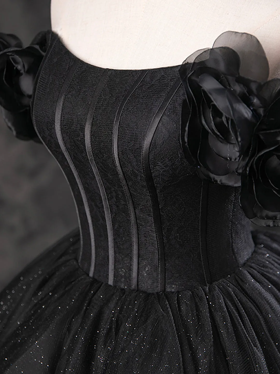 Black Sparkly Tulle Off the Shoulder Long Formal Dress Elegant A-Line Black Evening Party Dress