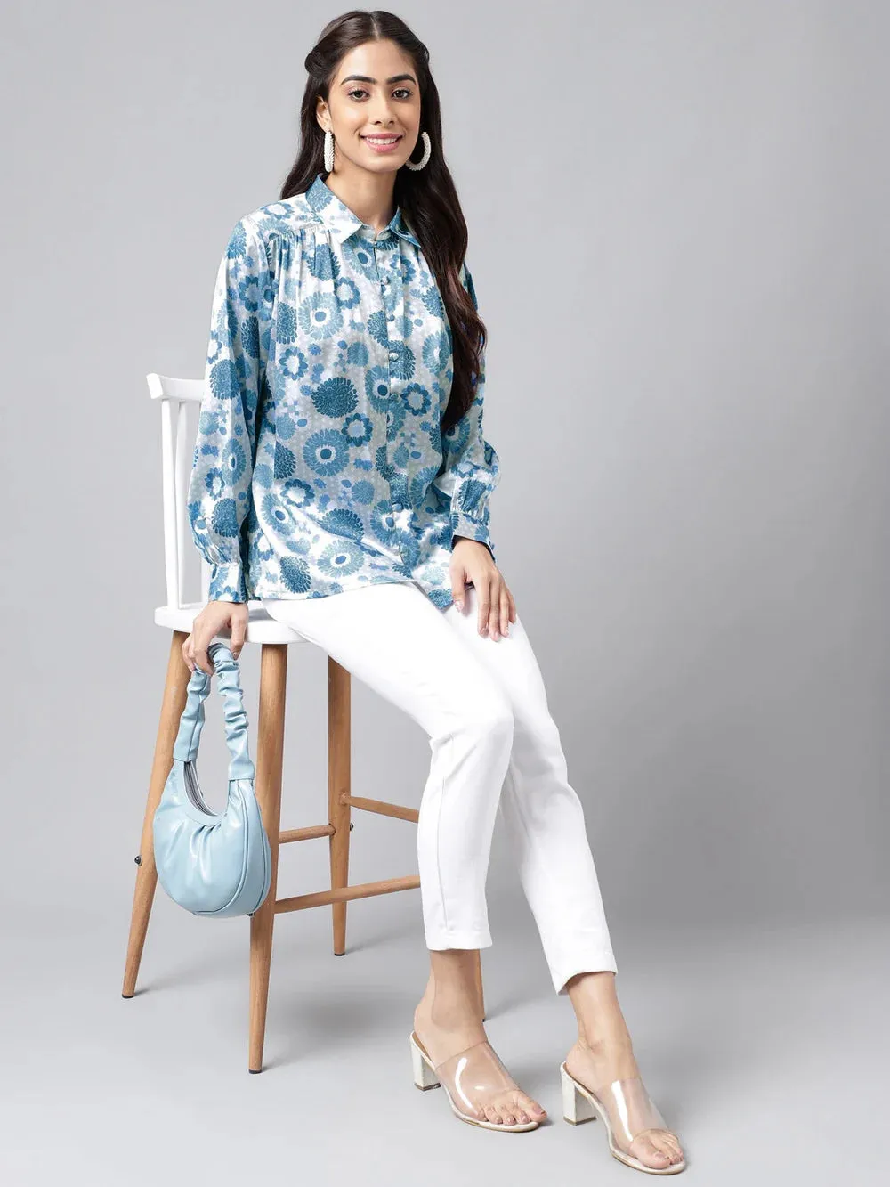 Blue Satin Digital Floral Printed Shirt Style Top