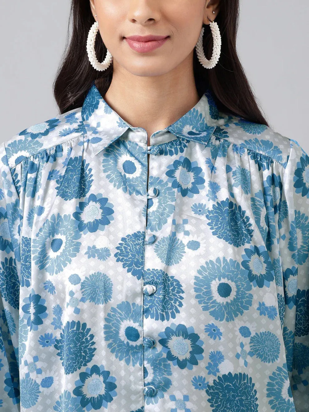 Blue Satin Digital Floral Printed Shirt Style Top