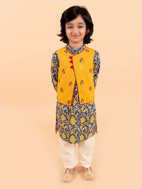 Boys  Navy Blue Floral Printed Pure Cotton Kurta With Trousers With Dupatta - Ps Peaches