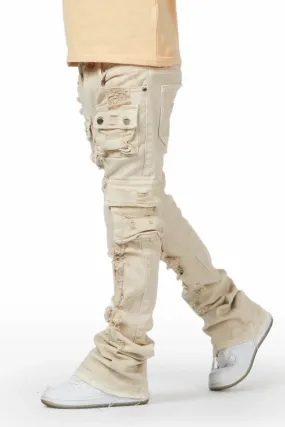 Boys Zaire Beige Cargo Super Stacked Flare Jean