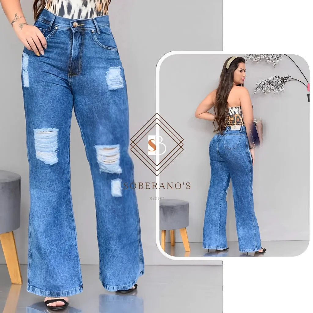 Calça Jeans Feminina Wide Leg pantalona Cintura Alta Tecido