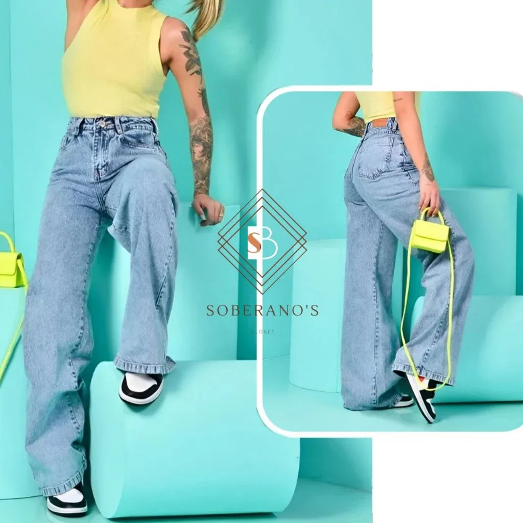 Calça Jeans Feminina Wide Leg pantalona Cintura Alta Tecido