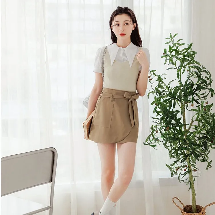 Casual Pocket Ribbon Belt A-Line Short Mini Skirt