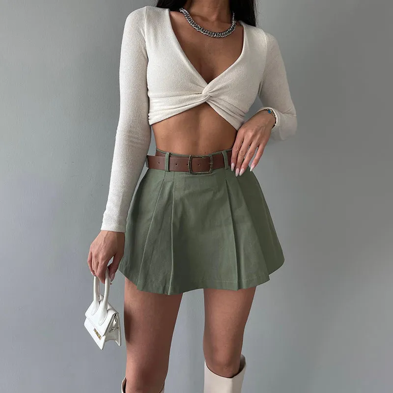 Chic Solid Color Pleated Mini Skirt