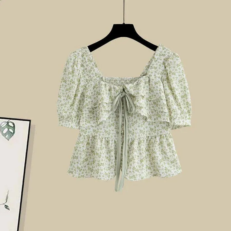 Classic Green and White Floral Print Shirt and Skirt Set