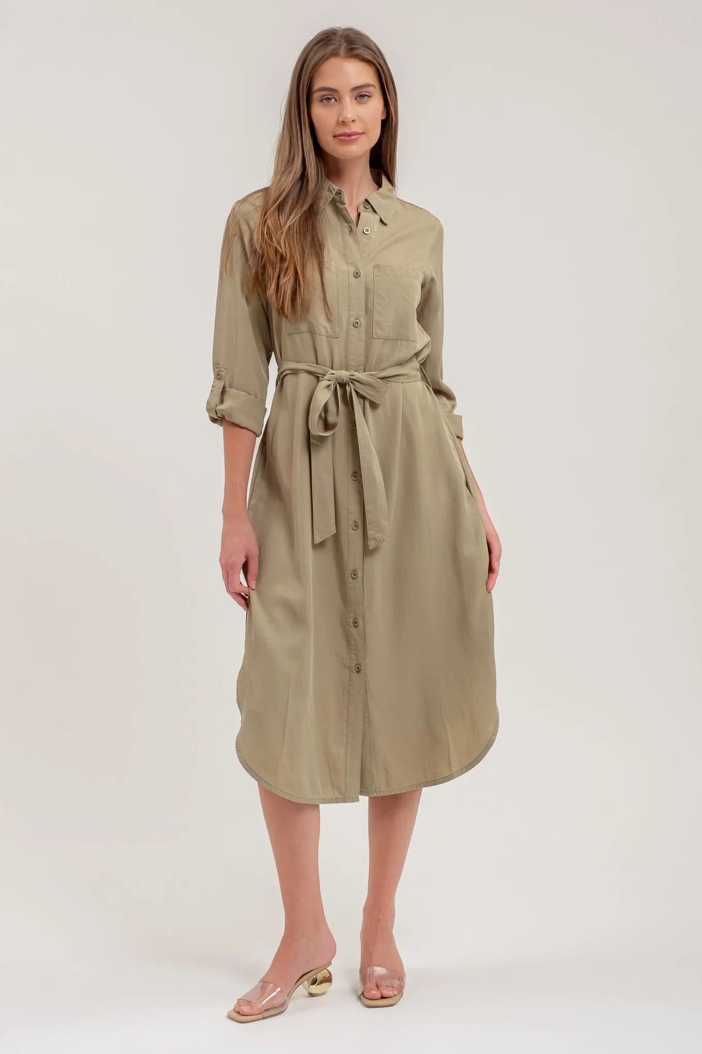 COLLARED 3/4 SLEEVE BUTTON DOWN SHIRT MIDI DRESS