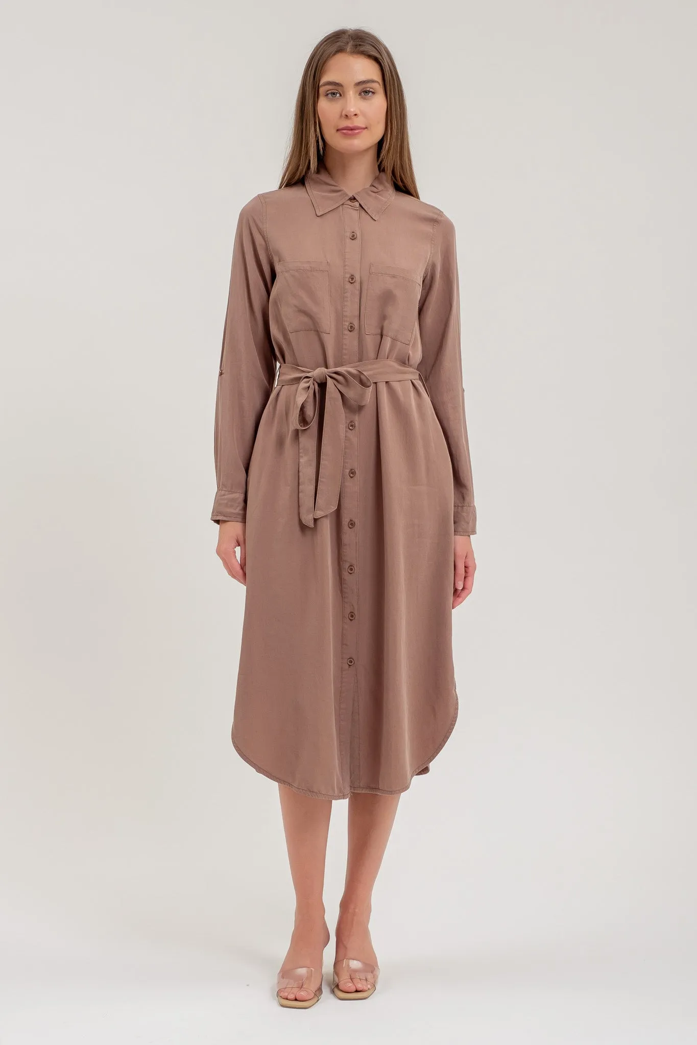 COLLARED 3/4 SLEEVE BUTTON DOWN SHIRT MIDI DRESS