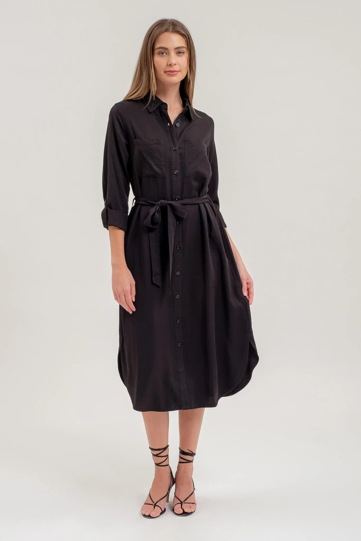 COLLARED 3/4 SLEEVE BUTTON DOWN SHIRT MIDI DRESS