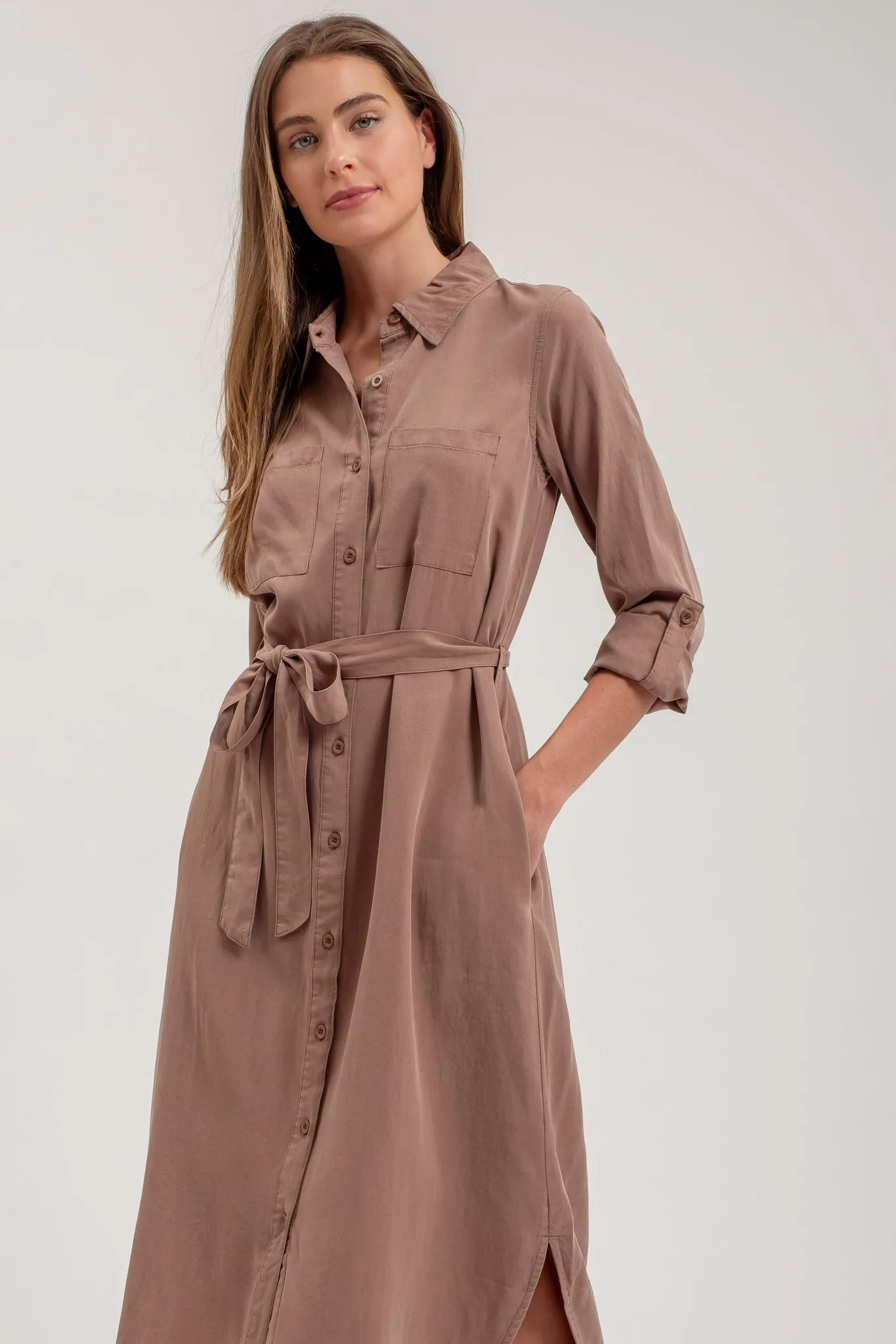 COLLARED 3/4 SLEEVE BUTTON DOWN SHIRT MIDI DRESS