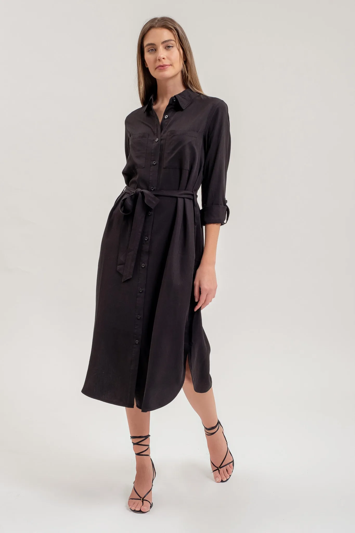 COLLARED 3/4 SLEEVE BUTTON DOWN SHIRT MIDI DRESS