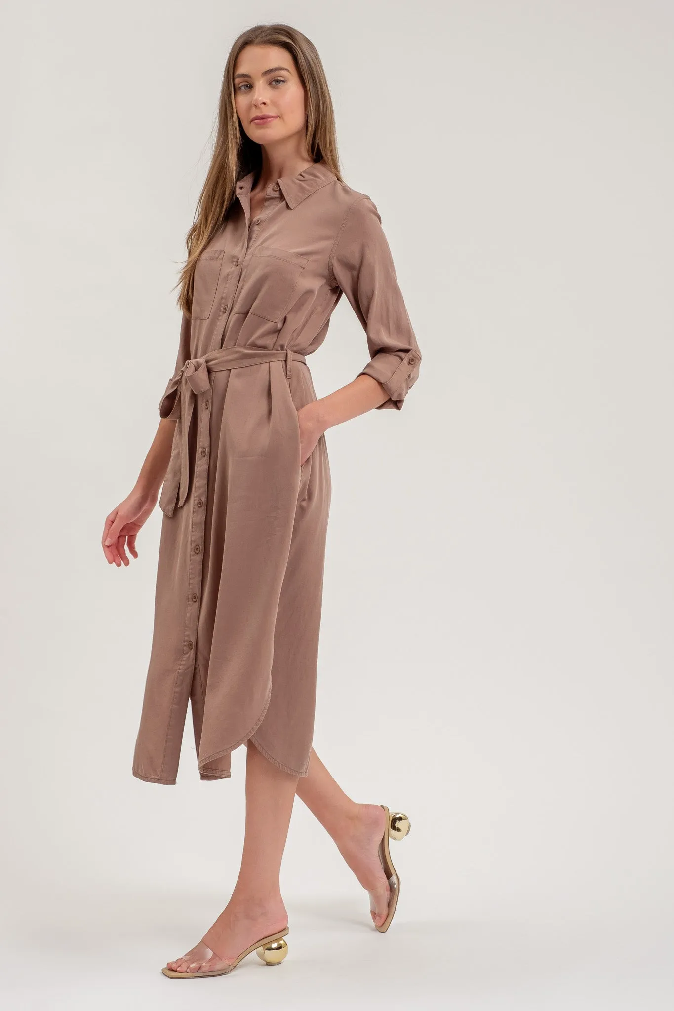 COLLARED 3/4 SLEEVE BUTTON DOWN SHIRT MIDI DRESS