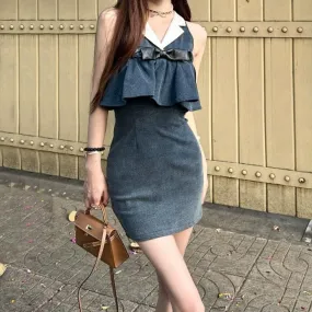 Contrast Lapel Waist Sleeveless Denim Dress