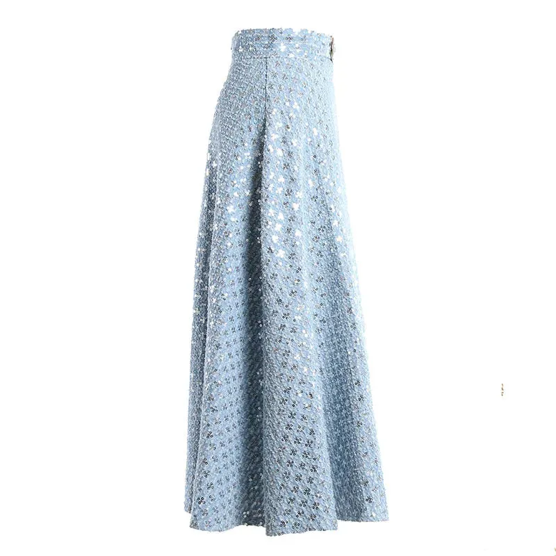 Denim Patchwork Sequin Skirt For Women High Waist Casual A Line Skirts Female Fashion Clothing Spring