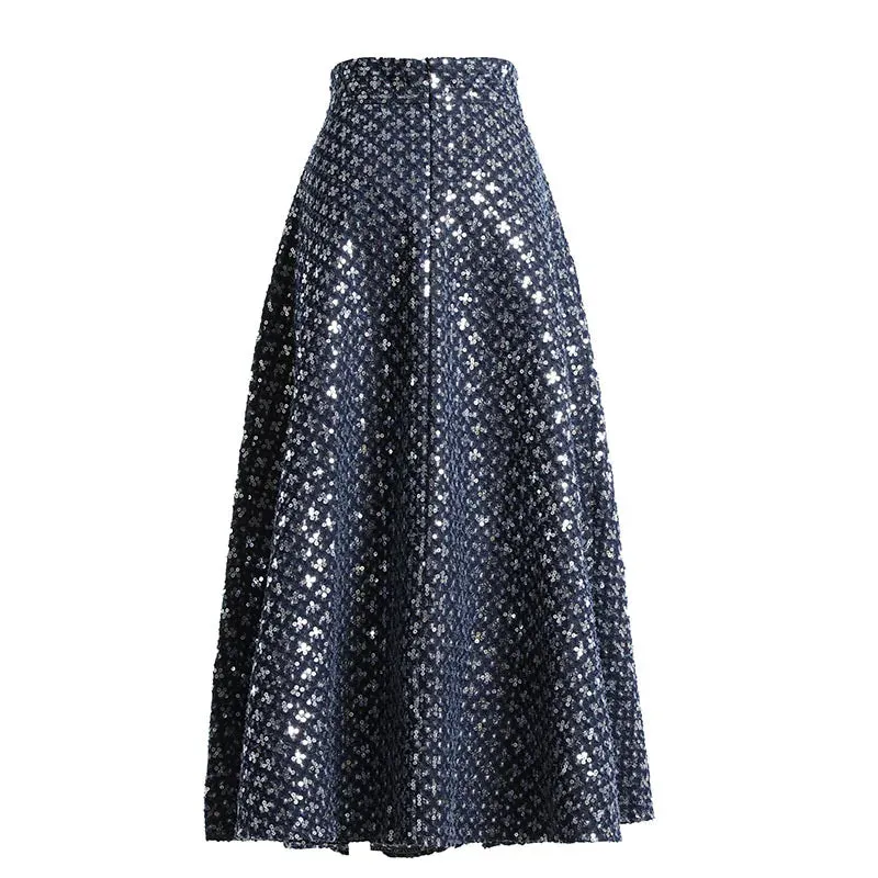 Denim Patchwork Sequin Skirt For Women High Waist Casual A Line Skirts Female Fashion Clothing Spring