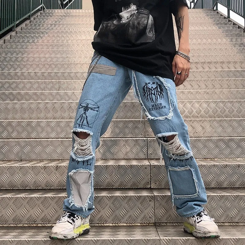 Destroyed Ripped Holes Patchwork Loose Straight Men Jeans