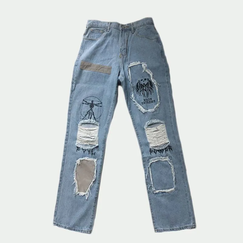 Destroyed Ripped Holes Patchwork Loose Straight Men Jeans