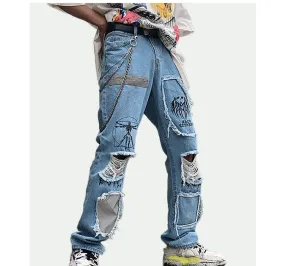 Destroyed Ripped Holes Patchwork Loose Straight Men Jeans