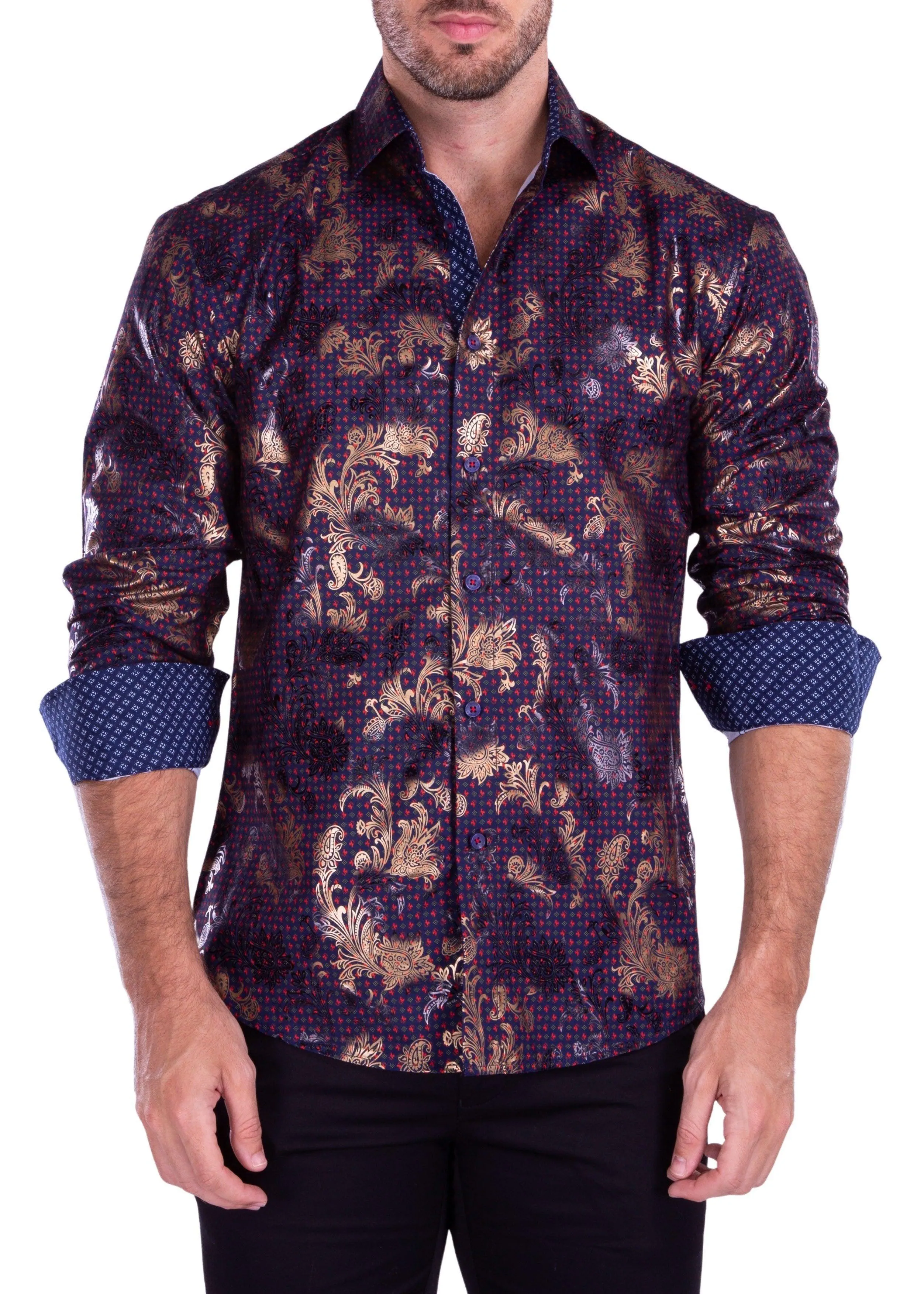 Diamond Geo Pattern Metallic Flourish Accent Navy Button Up Long Sleeve Dress Shirt