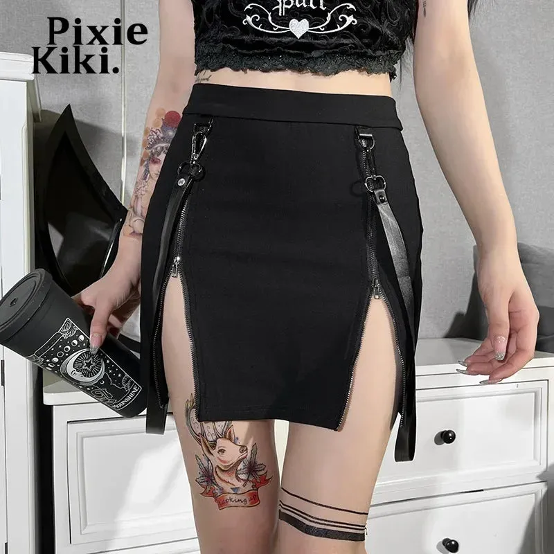 Double Zipper Split Mini Skirts for Women 2023 Gothic Dark Academia Clothes High Waist Black Skirt E Girls P80-CH23