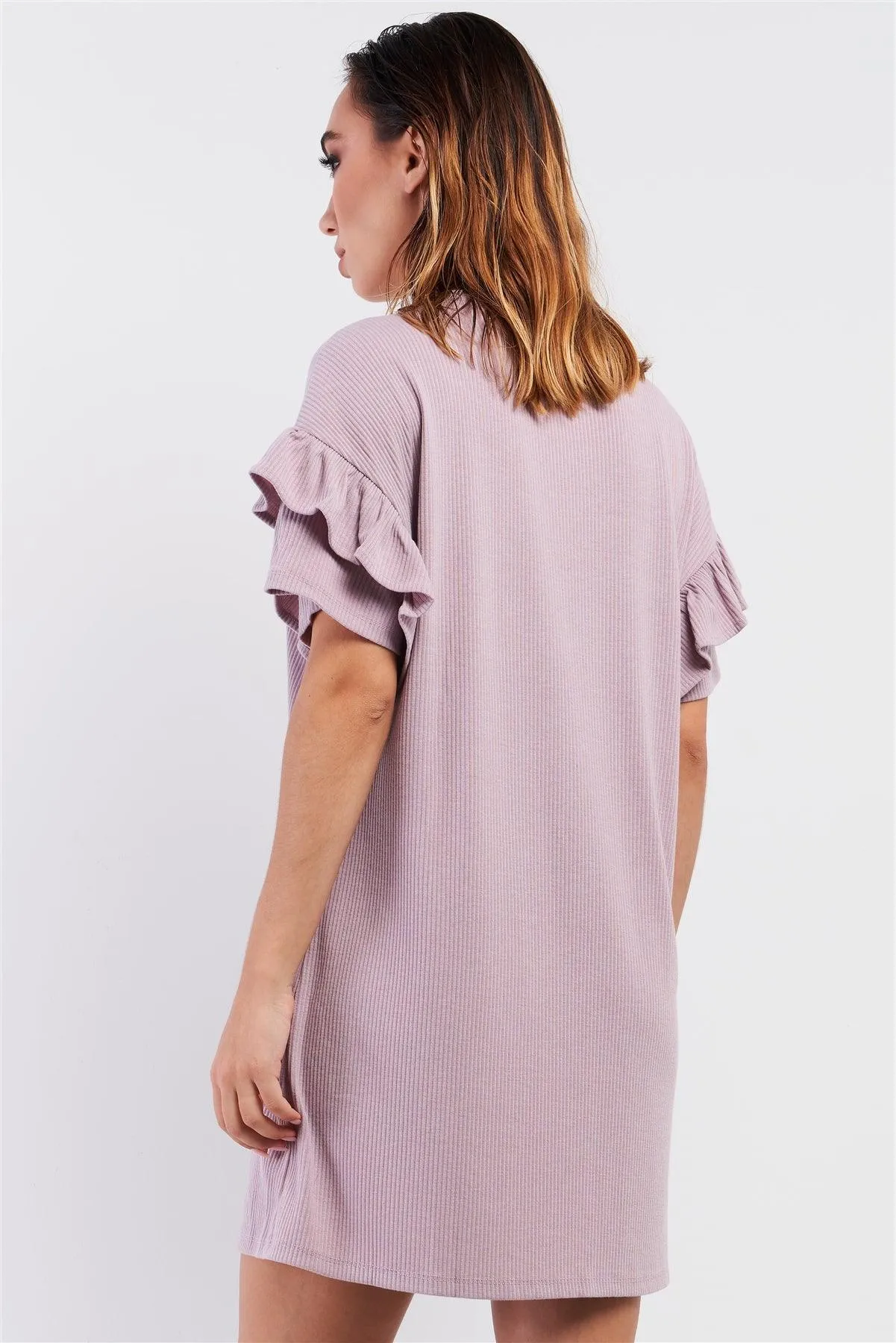 Dusty Pink Ribbed Loose Fit Layered Wing Short Sleeve T-Shirt Mini Dress /1-2-2-1