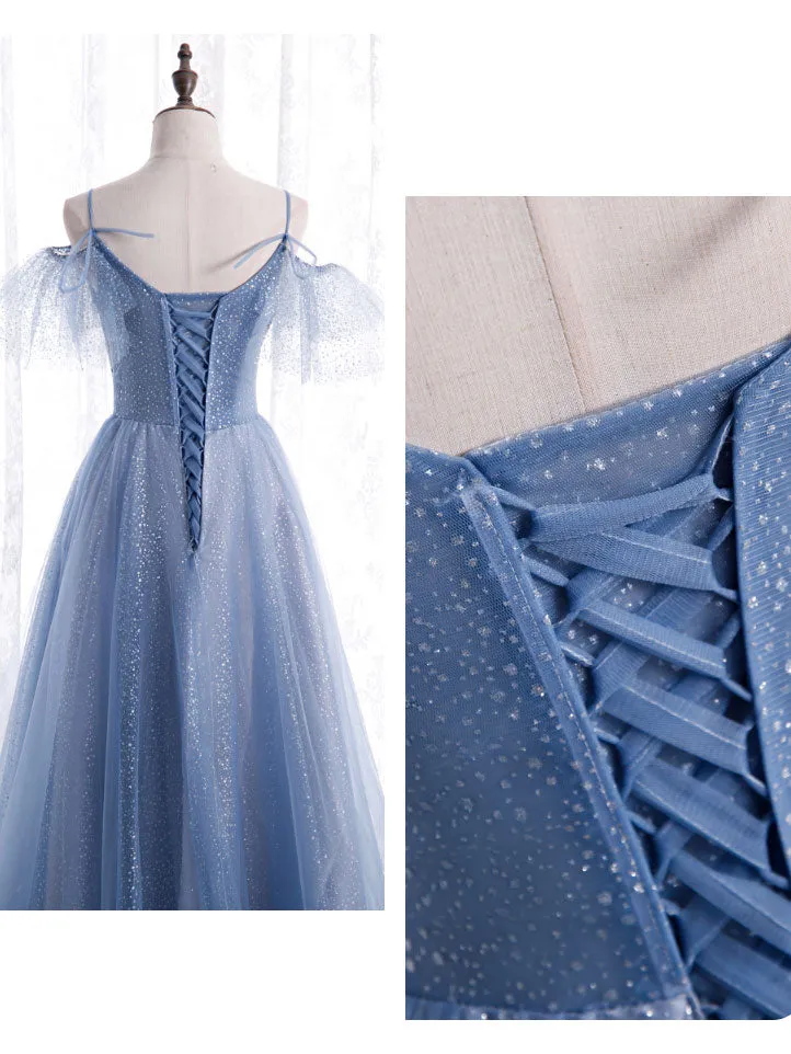 Elegant  A line Tulle Sequin Blue Long Prom Dress, Tulle Blue Formal Evening Dress