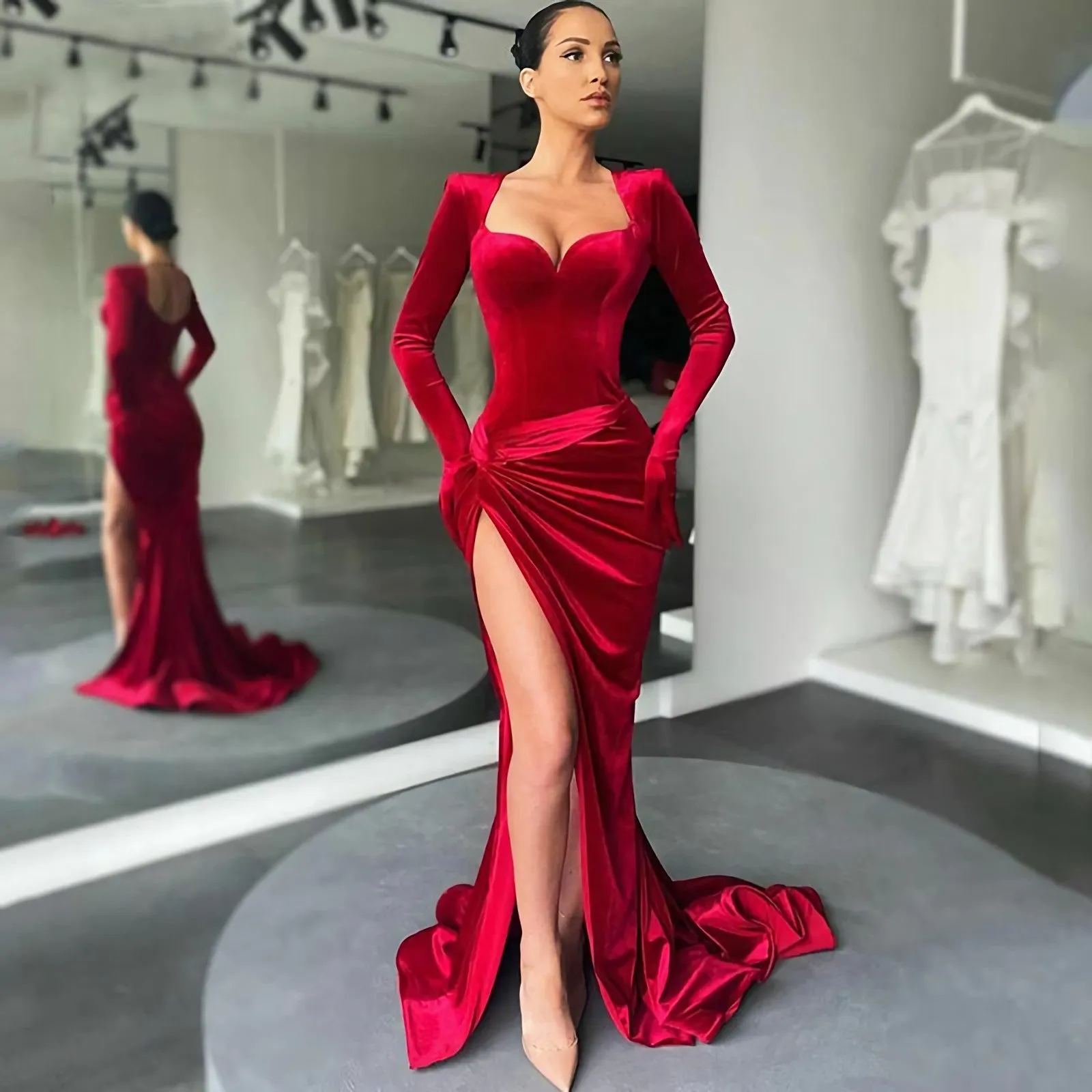 Elegant Burgundy Red Long Sleeves Sweetheart Mermaid Side-Slit Long Prom Dress