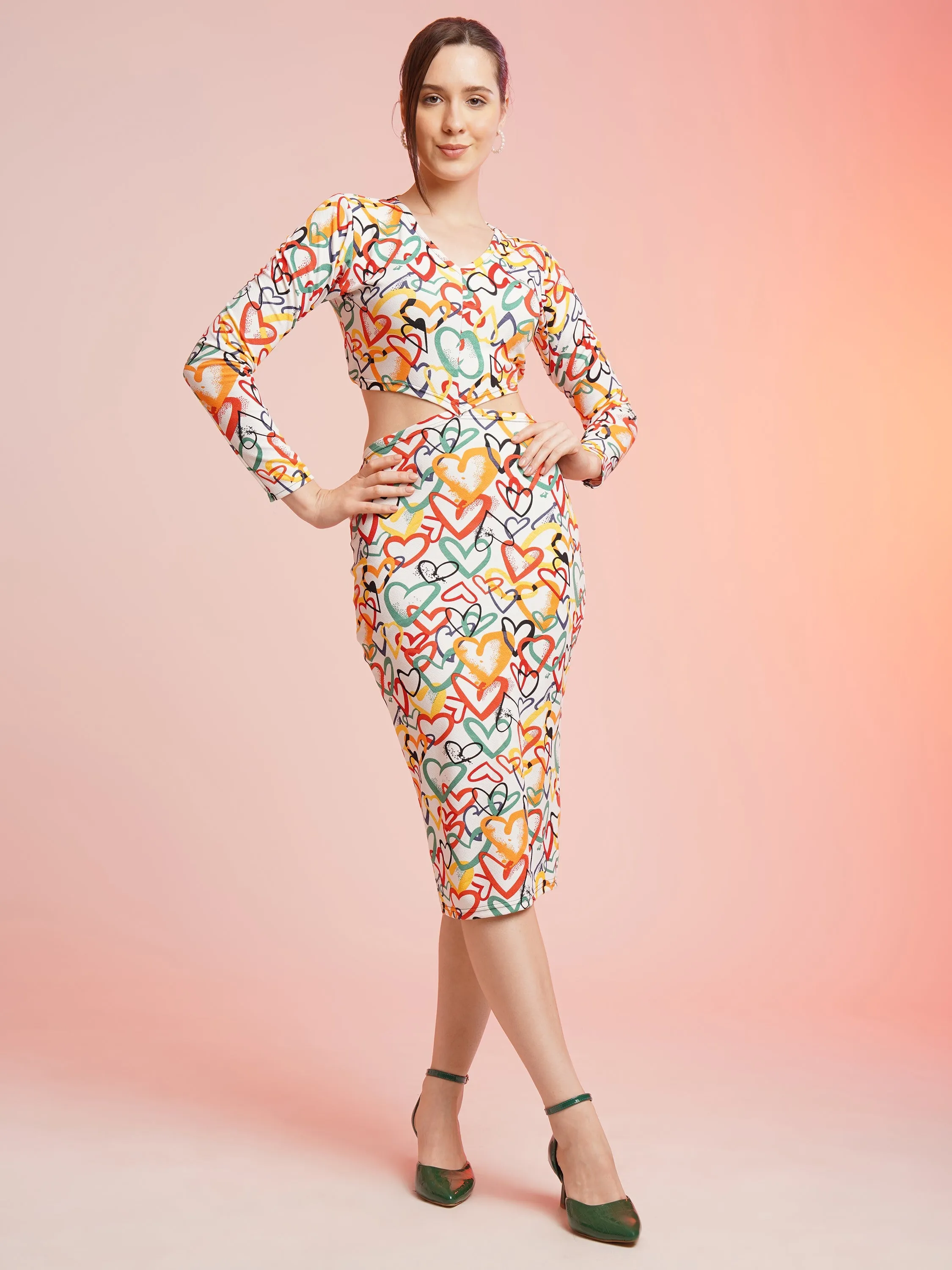 Elegant Heart Printed Cut Out Bodycon Dress