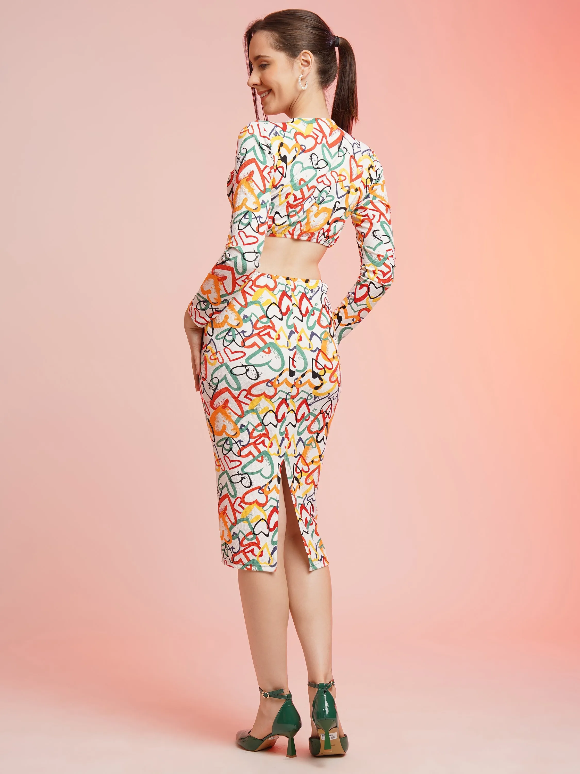 Elegant Heart Printed Cut Out Bodycon Dress