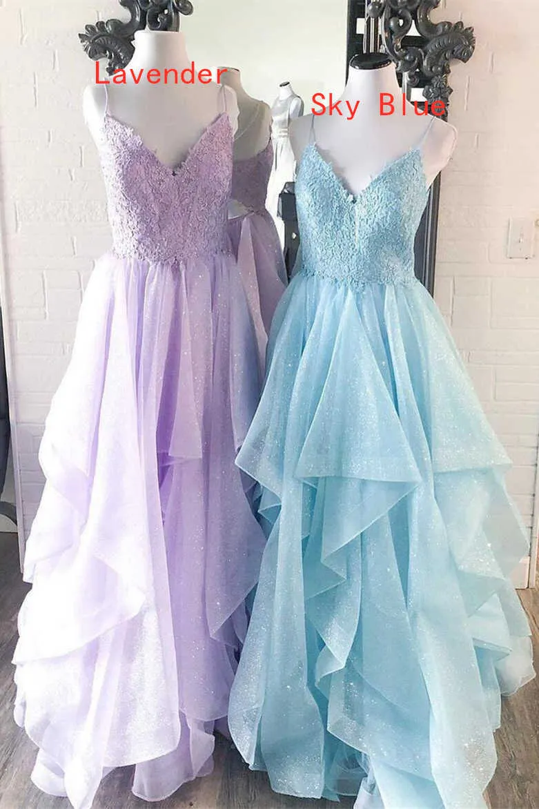 Elegant Light Blue Ruffled Tulle Prom Dress