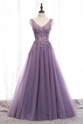 Elegant Lilac V-Neck Appiques Long Prom Dress