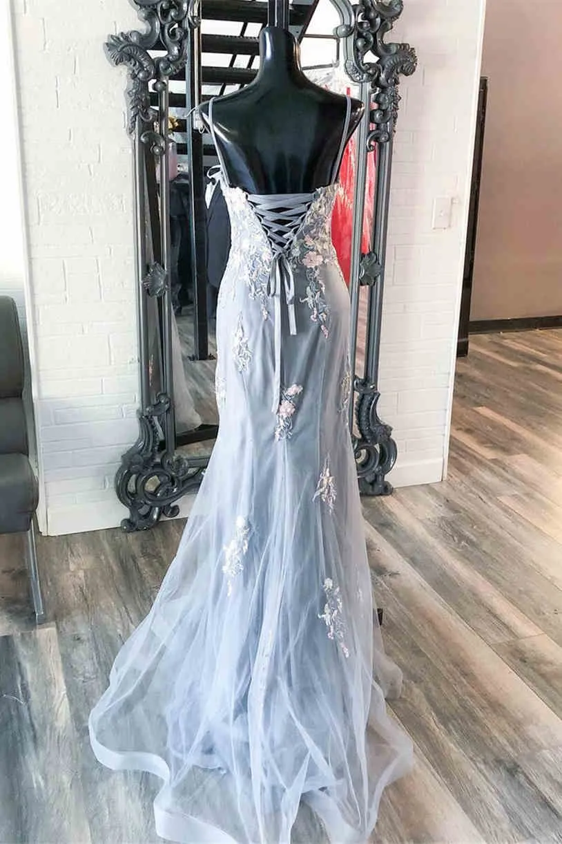 Elegant Mermaid Grey Prom Dress with Embroidery