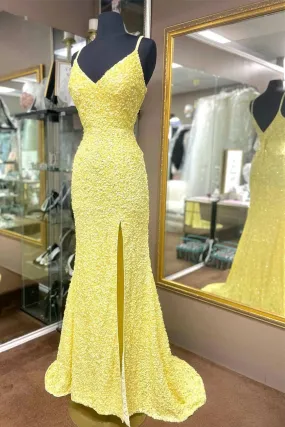 Elegant Yellow Sequins Mermaid Prom Dress